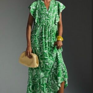 Maeve “Cassandra” Green and White Tropical-Print flutter sleeve Maxi Dress